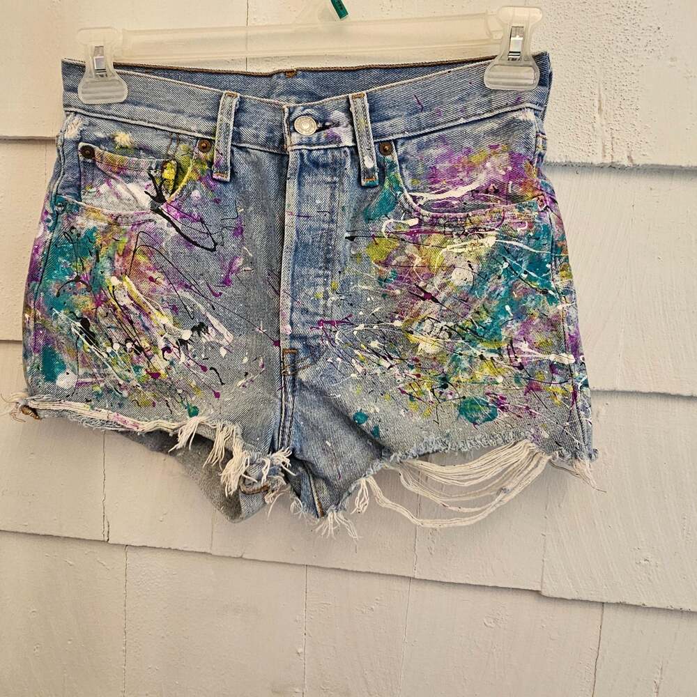 Levi's 501 Custom Painted Denim Shorts Women's 34 Distressed Frayed Hem Abstract